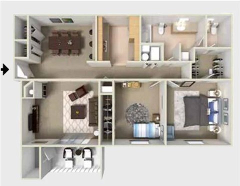 Floor plan for 2 beds, 1.5 baths, 947 sqft
